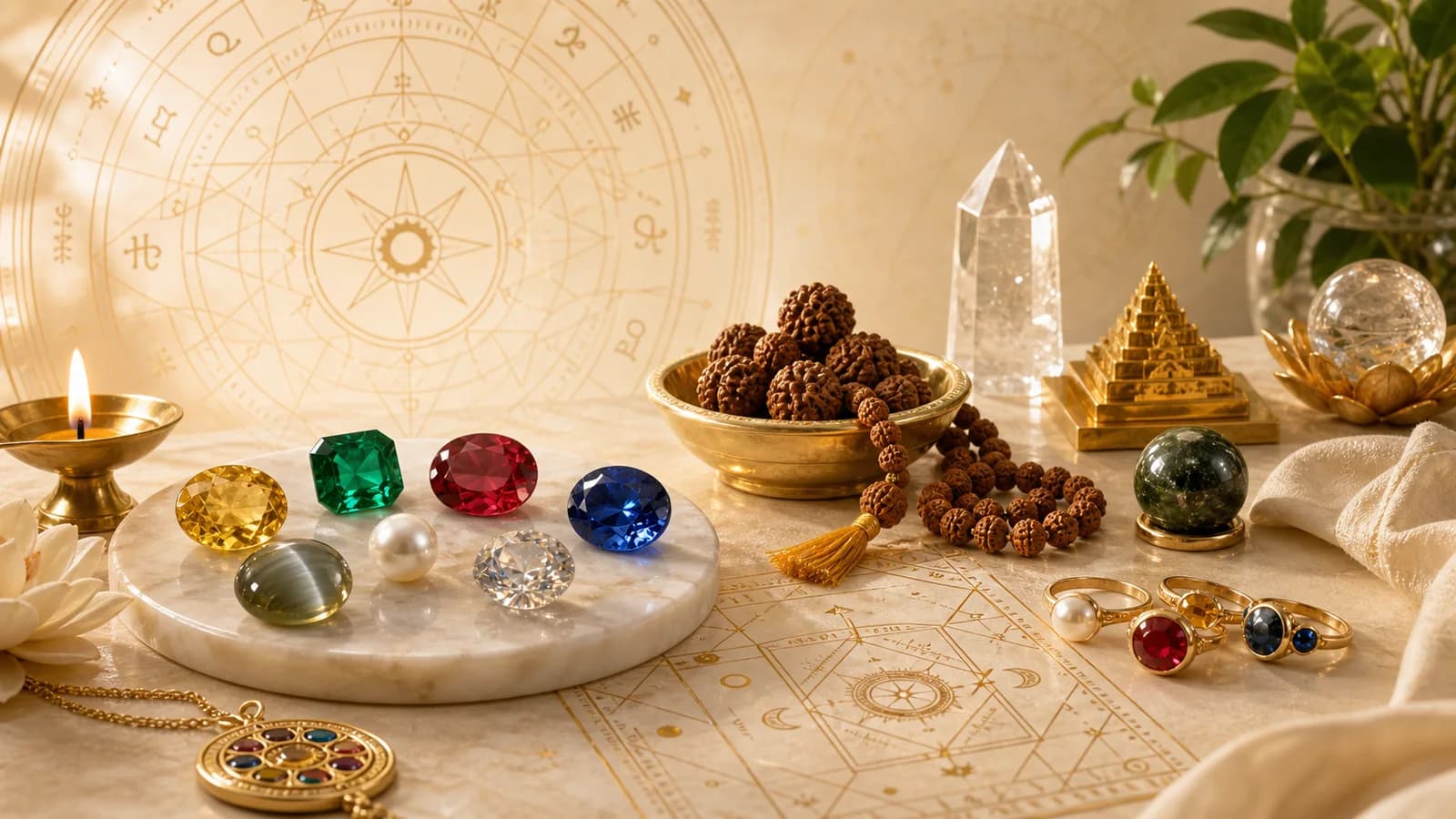 Gemstones, rudraksha mala and astrology remedy objects for spiritual guidance