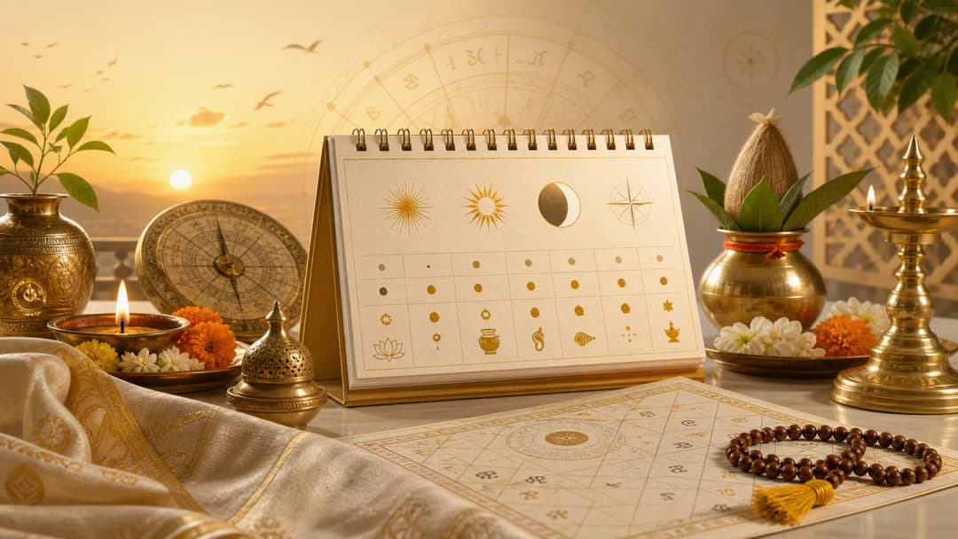 Daily Panchang calendar with sunrise, lunar timing and auspicious muhurat symbols