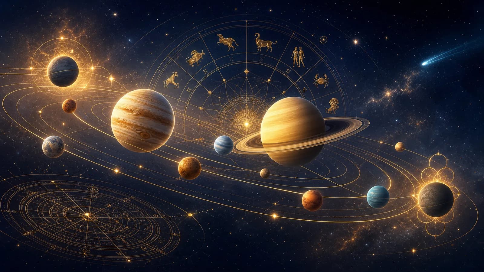 Planetary orbits and zodiac ring showing astrology transit timing