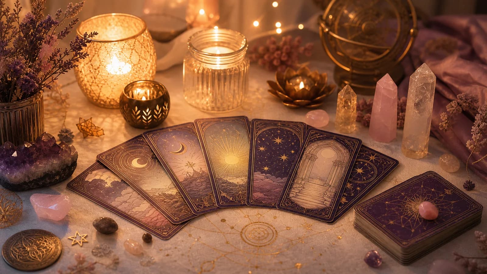 Warm tarot reading table with cards, candlelight and astrology guidance symbols