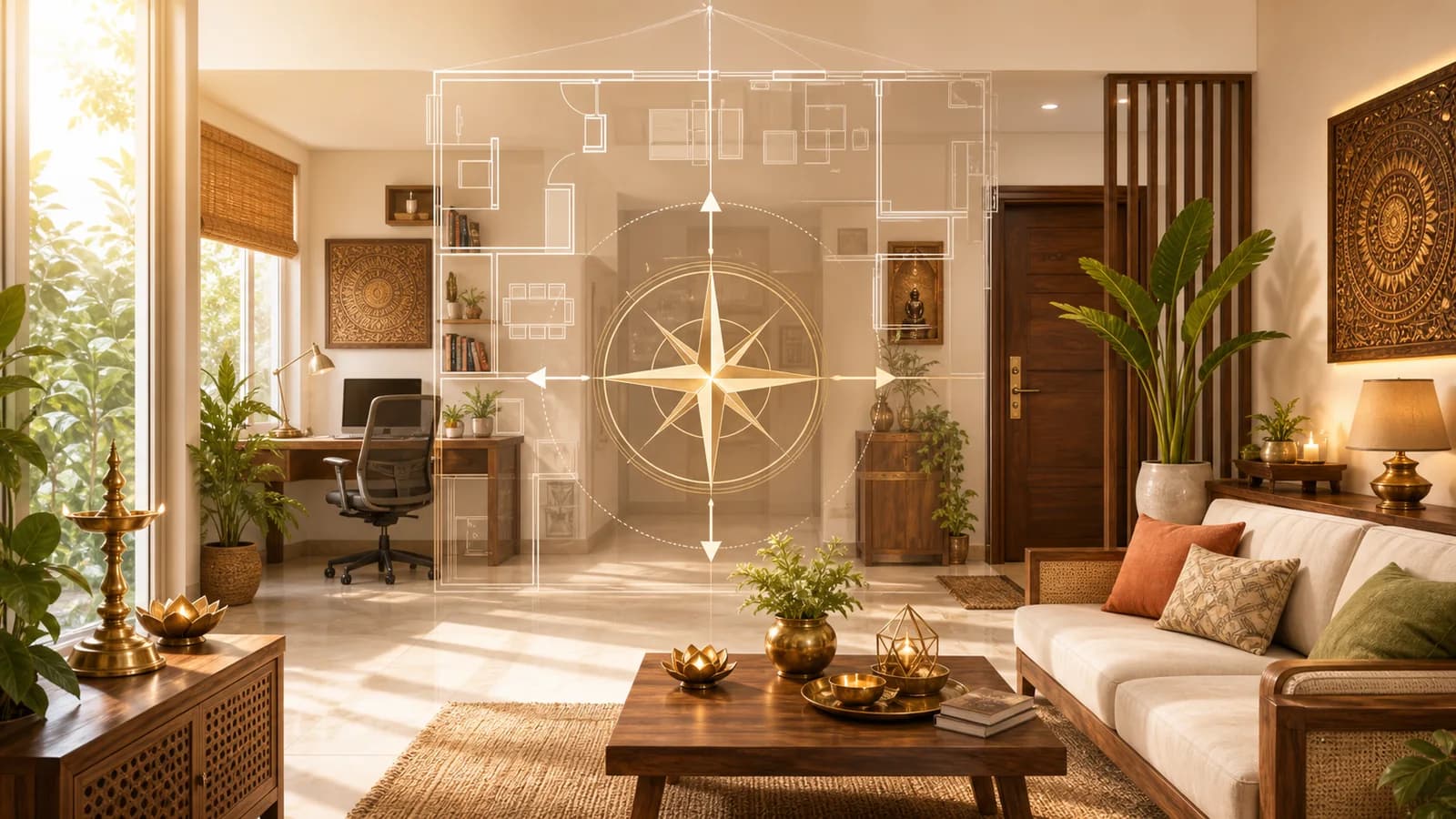Bright home interior with Vastu compass and directional harmony overlay